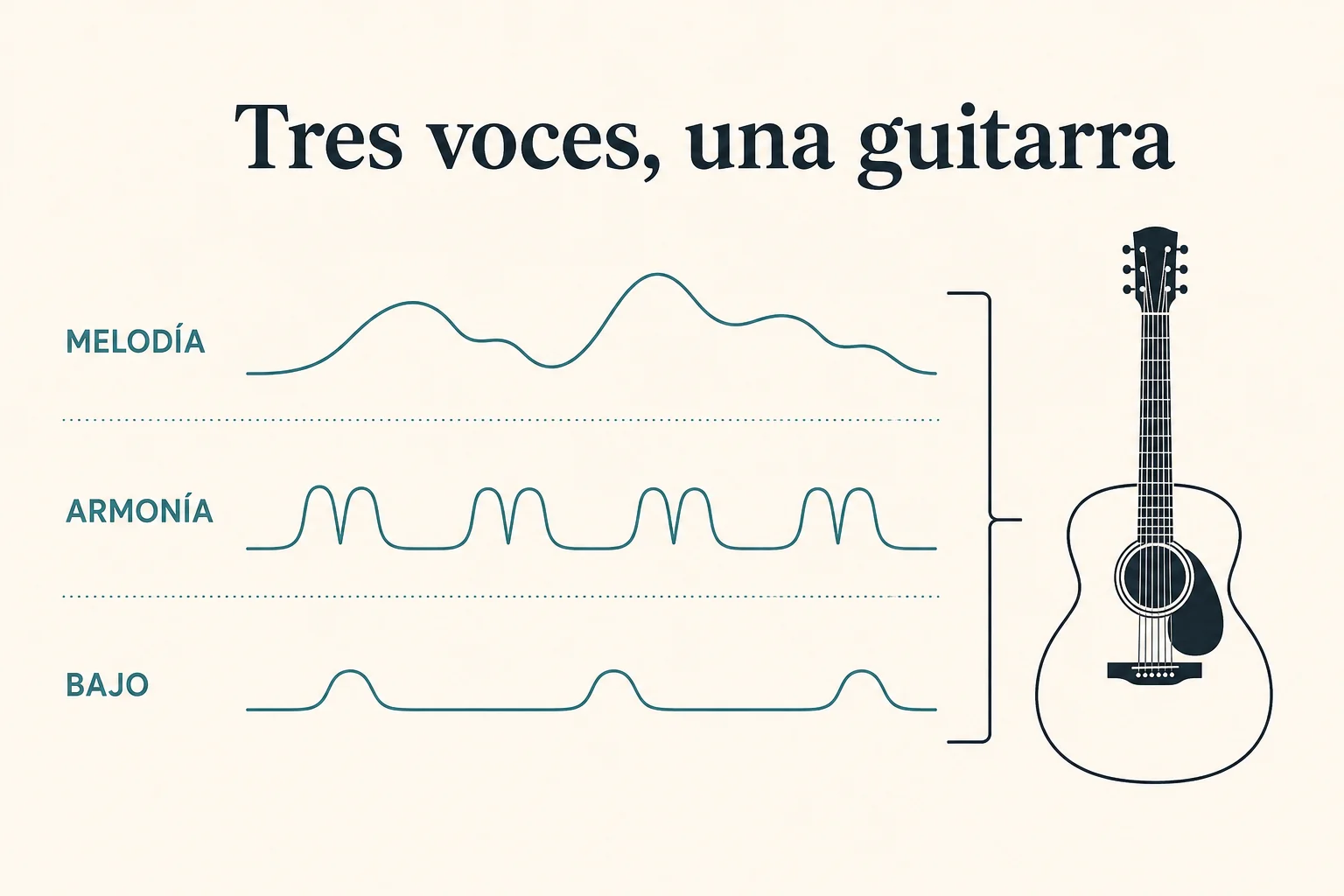 Bajo, armonía y melodía pueden combinarse en una guitarra. El esquema muestra sus funciones, no una digitación concreta.