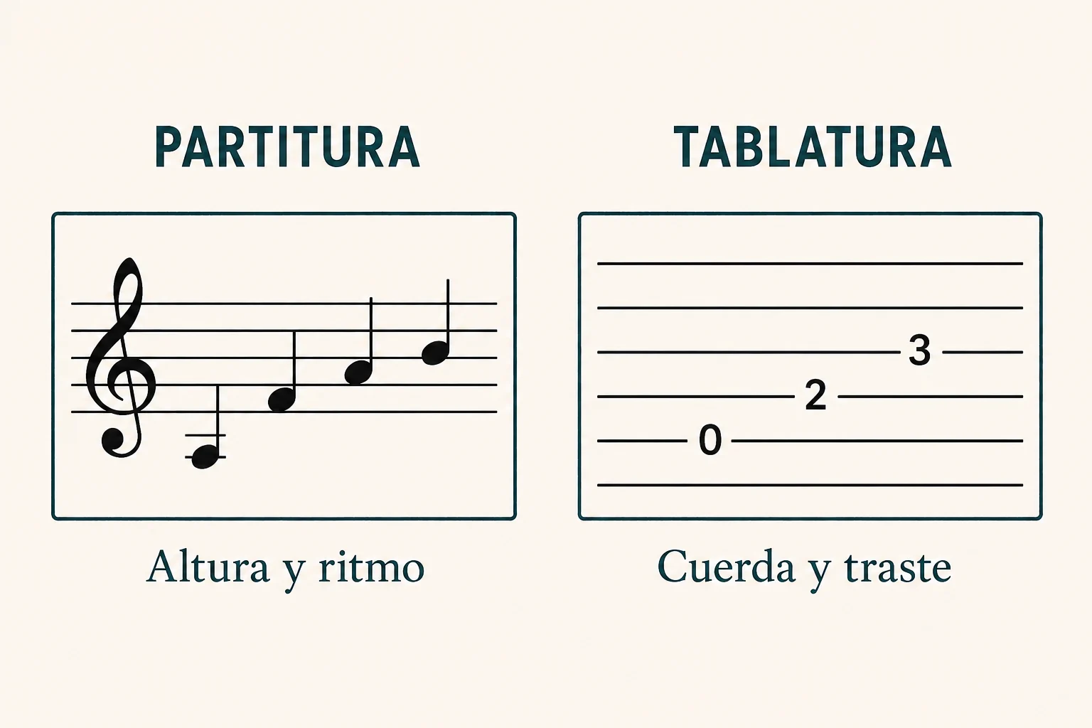 La partitura representa alturas y ritmo; la tablatura indica cuerdas y trastes. El esquema compara su lectura, sin representar un mismo pasaje.