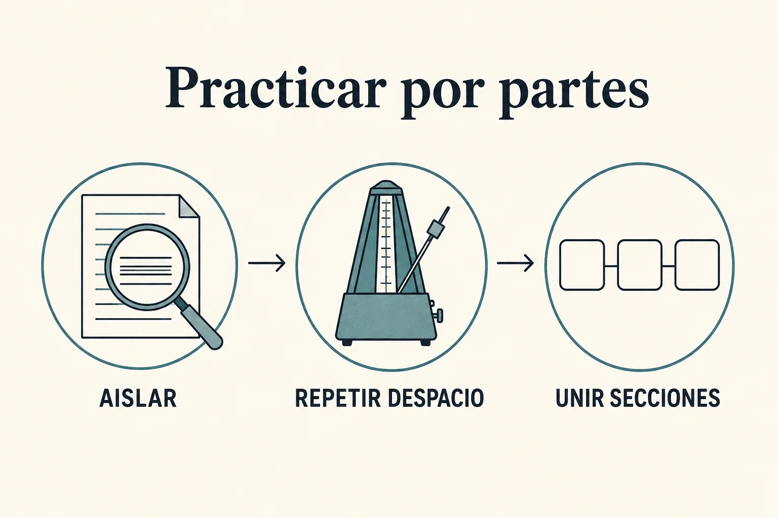 Aísla el pasaje difícil, repítelo a una velocidad cómoda y vuelve a unirlo con las secciones contiguas.