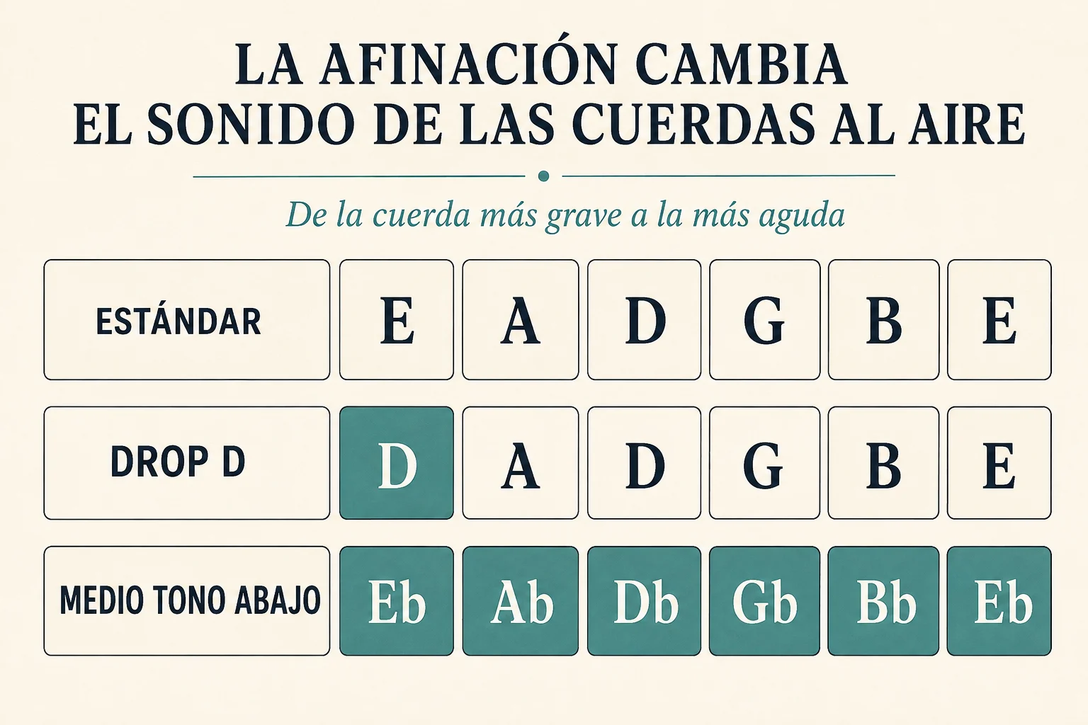 Afinación estándar, Drop D y medio tono abajo, de la cuerda más grave a la más aguda. Las letras indican notas al aire.